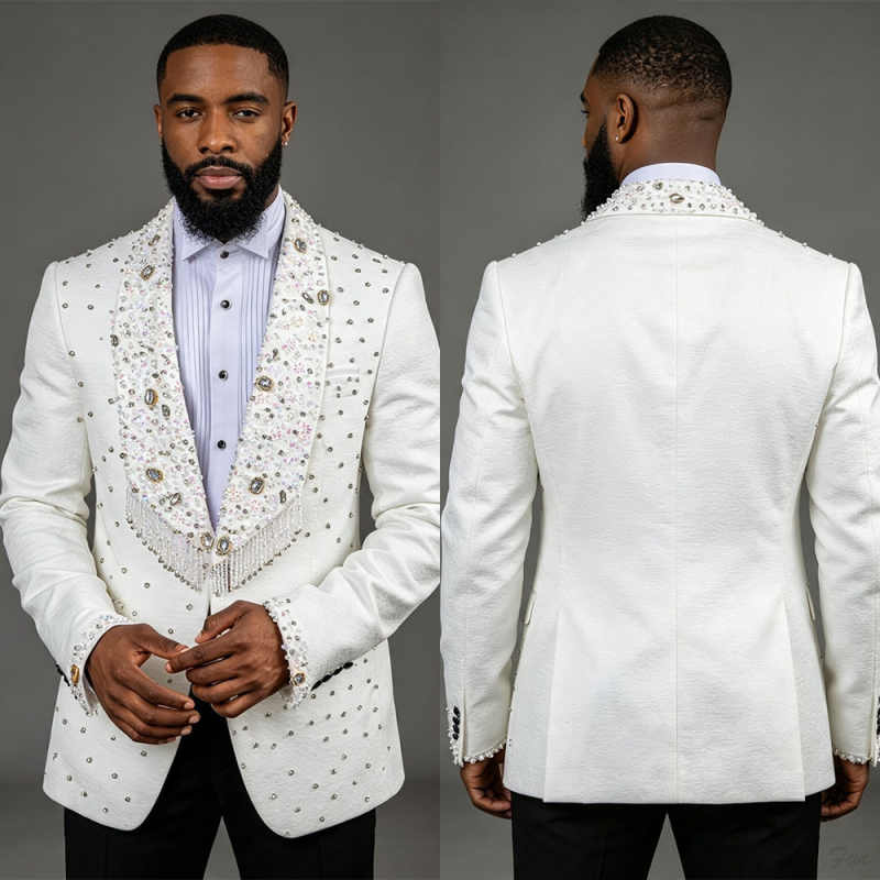 Men'S Formal Wear No Suit - Lüks Beyaz Taşlı Püsküllü Erkek Takım