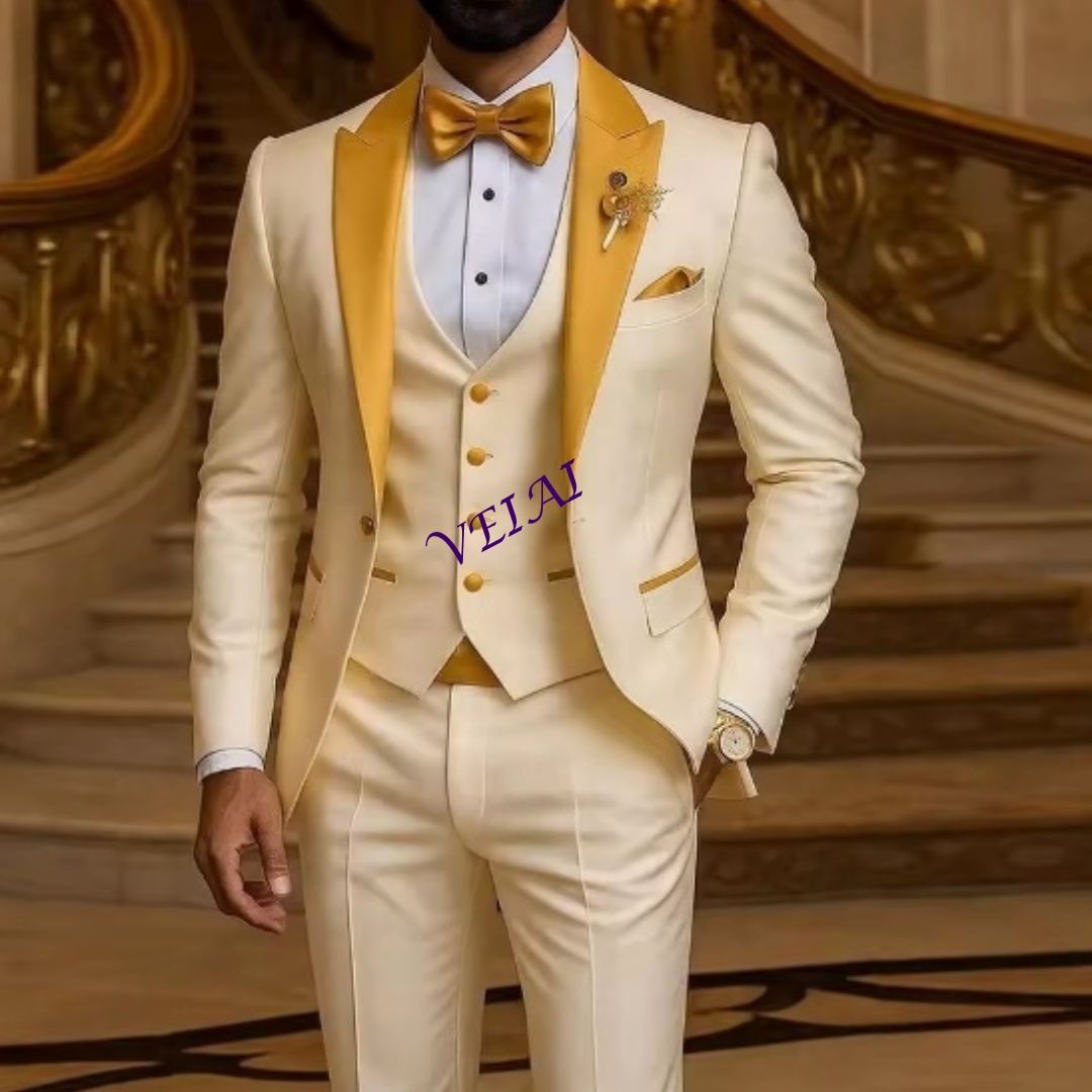 Men Formal Wear Coat - Özel Tasarım Altın Yaka Fildişi Erkek