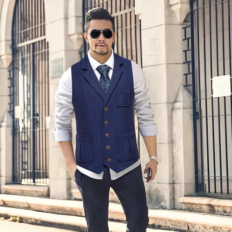 Men'S Formal Wear No Suit - Erkek Balıksırtı Desenli Tüvit Yelek, Çentikli