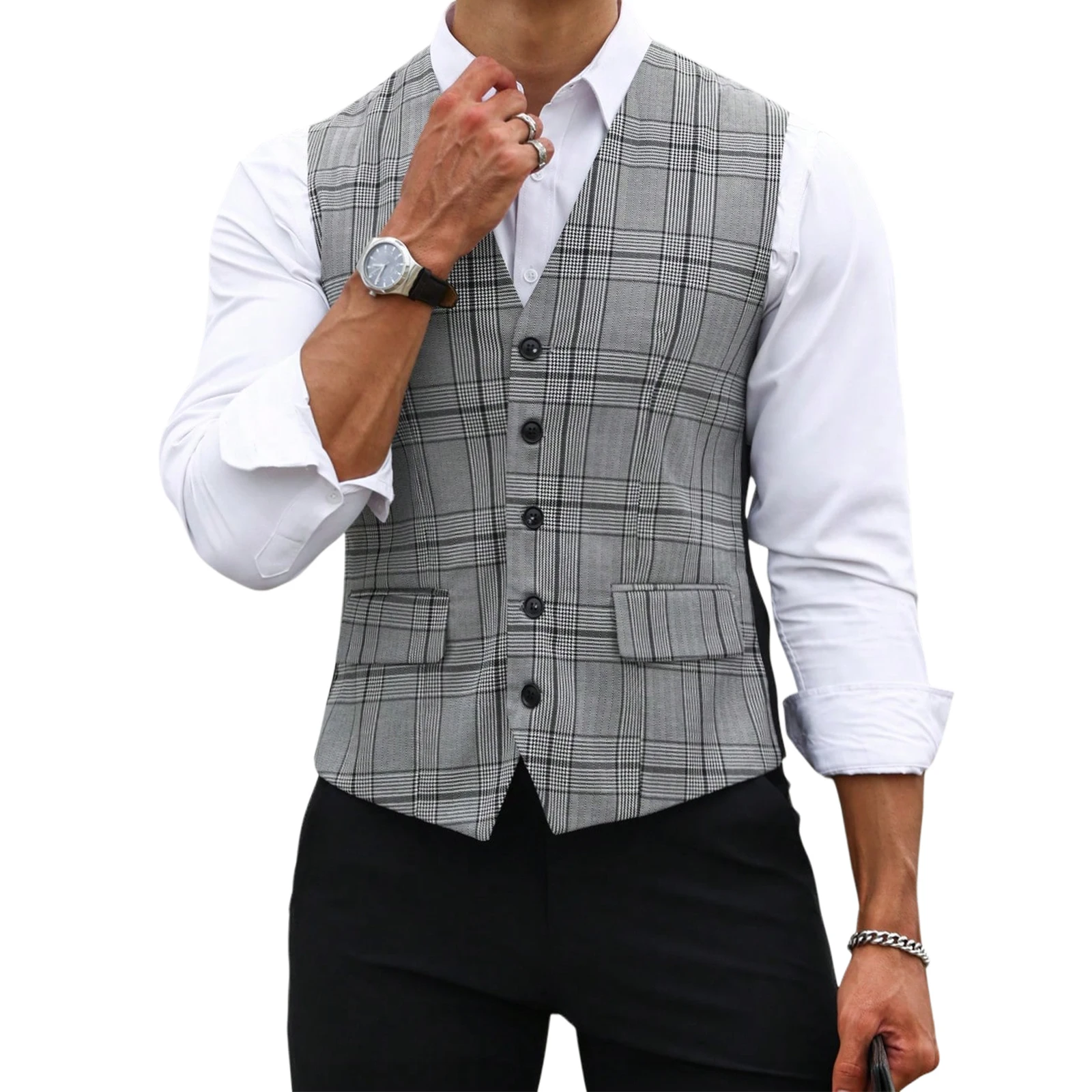 Men Formal Wear Vest - Erkekler Gri Ekose Takım Elbise Yelek